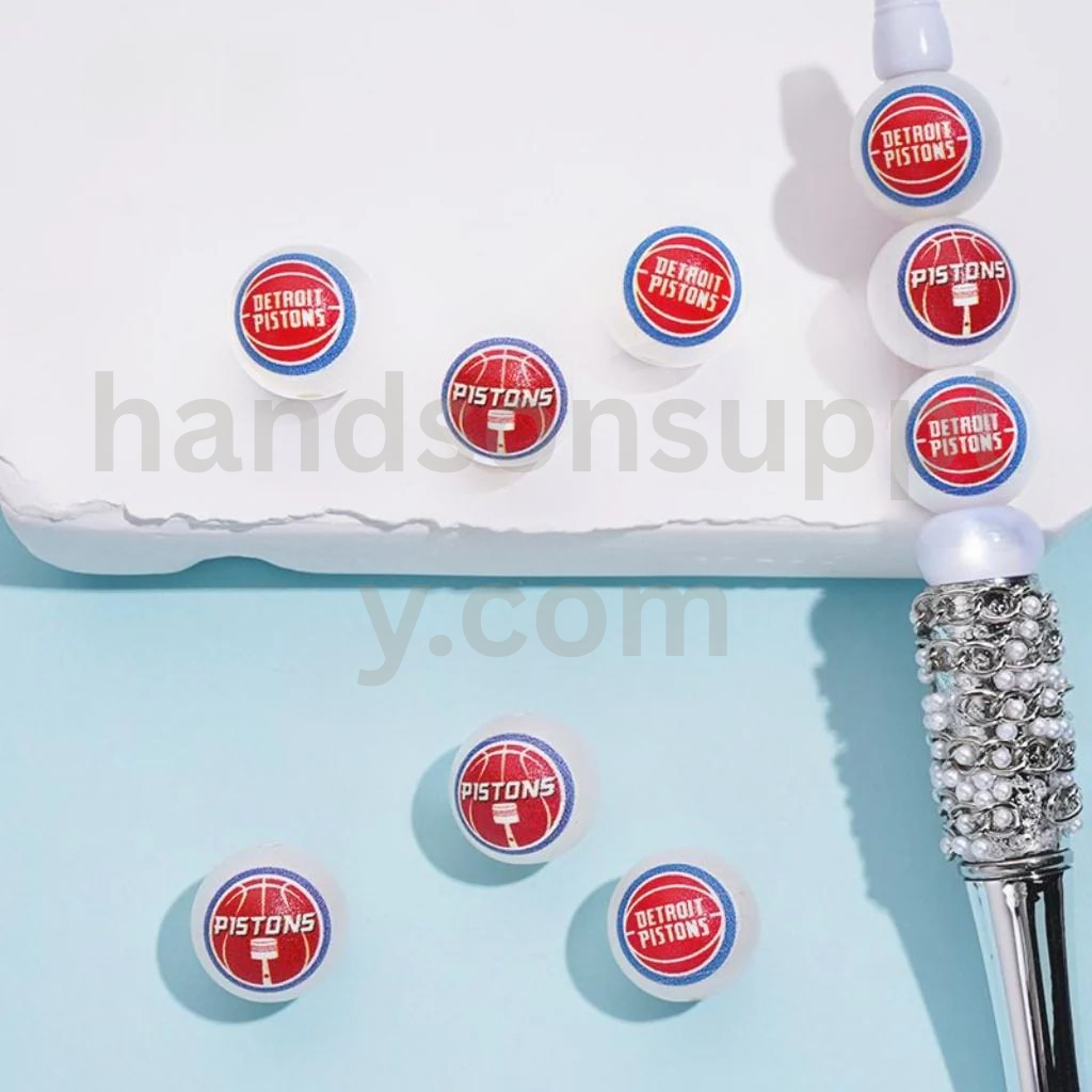 Detroit Pisto NB Sports Frosted Matt White Round USA Basketball Theme Acrylic Beads Random Mix 16MM
