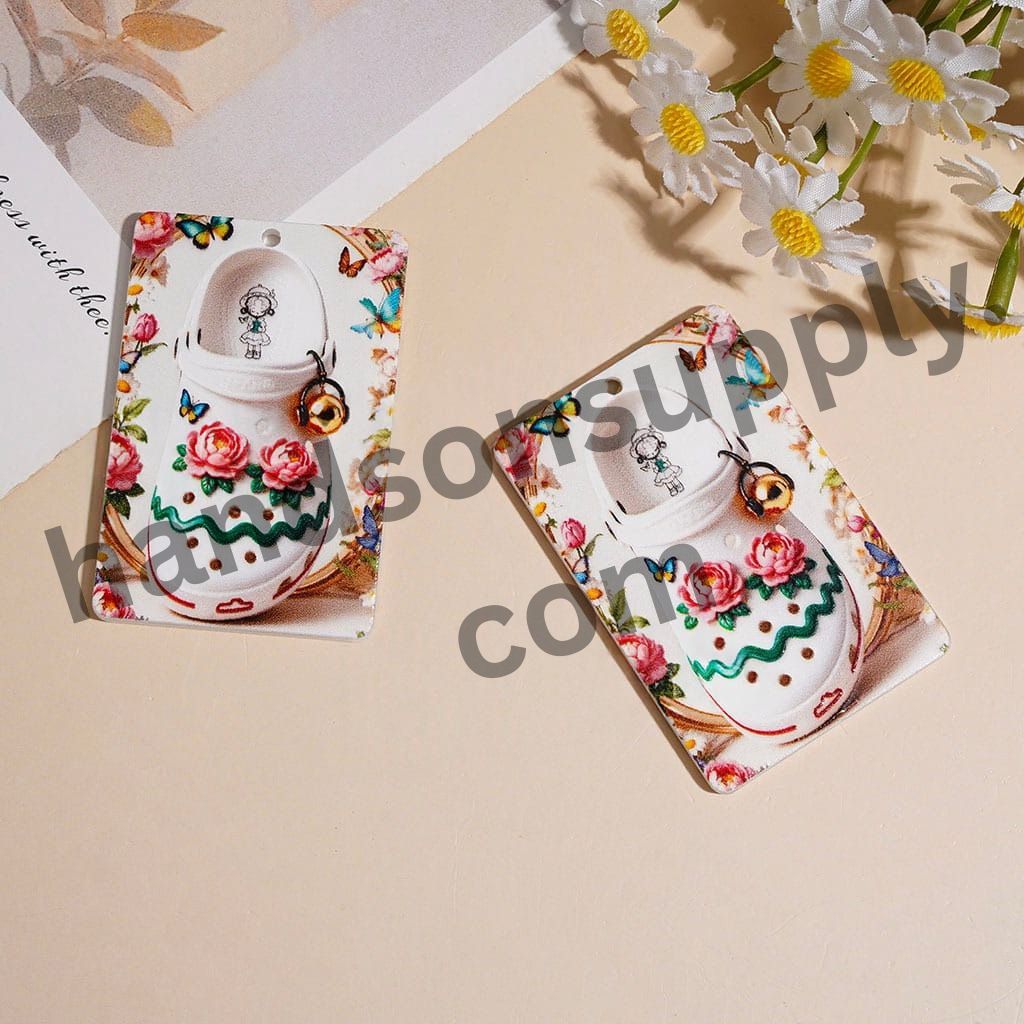 Cute White Shoe with Pony, Bell, Flowers & Butterfly Patterns Rounded Flat Rectangle Shape Acrylic Pendants, 58*39MM