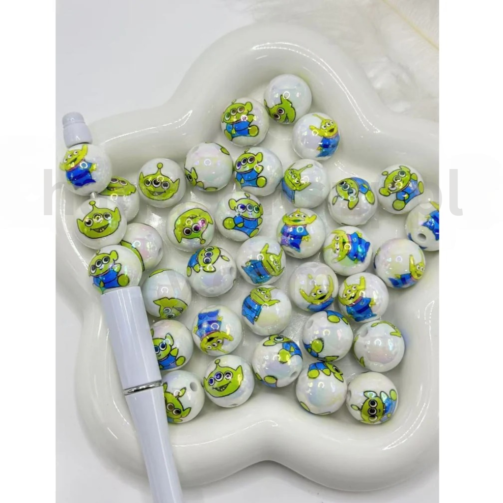 Green Toy Adventure Space Creature Theme White Round 16MM Mix UV Finish Acrylic Beads
