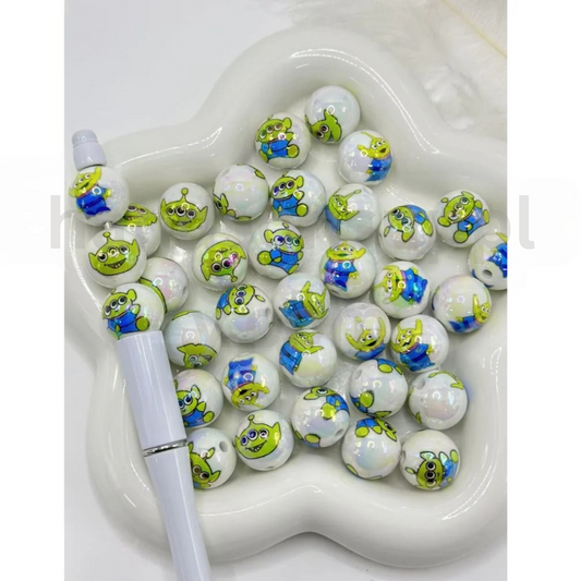 Green Toy Adventure Space Creature Theme White Round 16MM Mix UV Finish Acrylic Beads