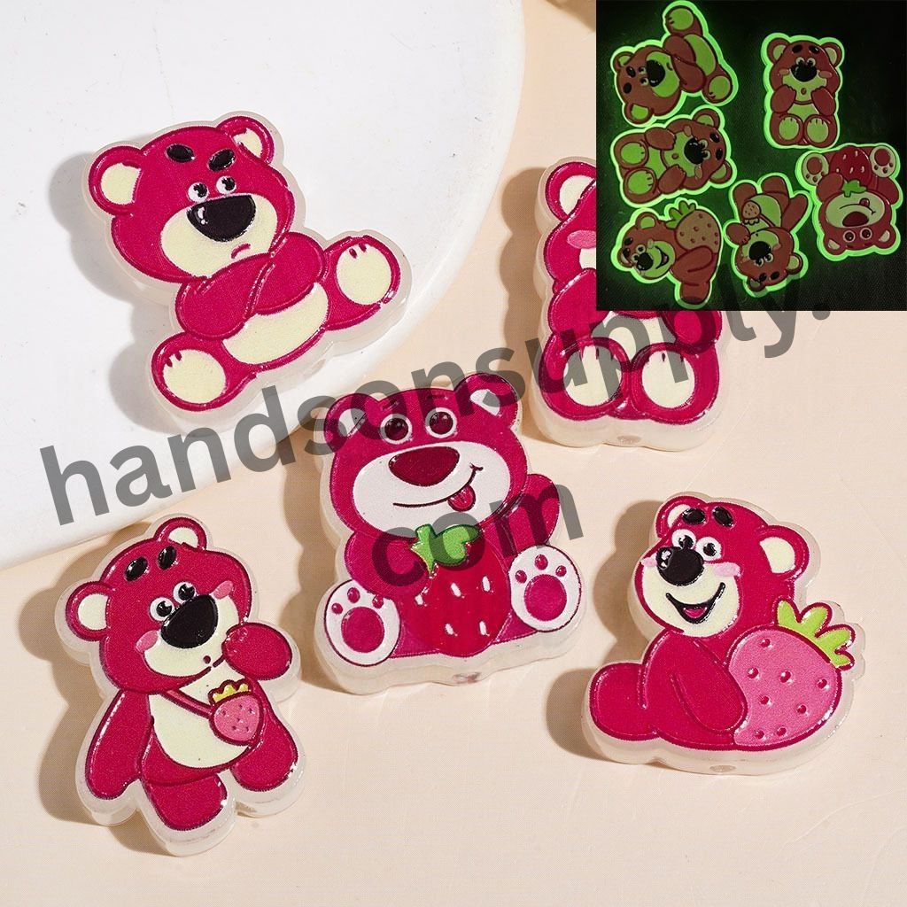 Luminous Cheerful Pink Bear Character with Strawberry Designs Acrylic Beads, Random Mix