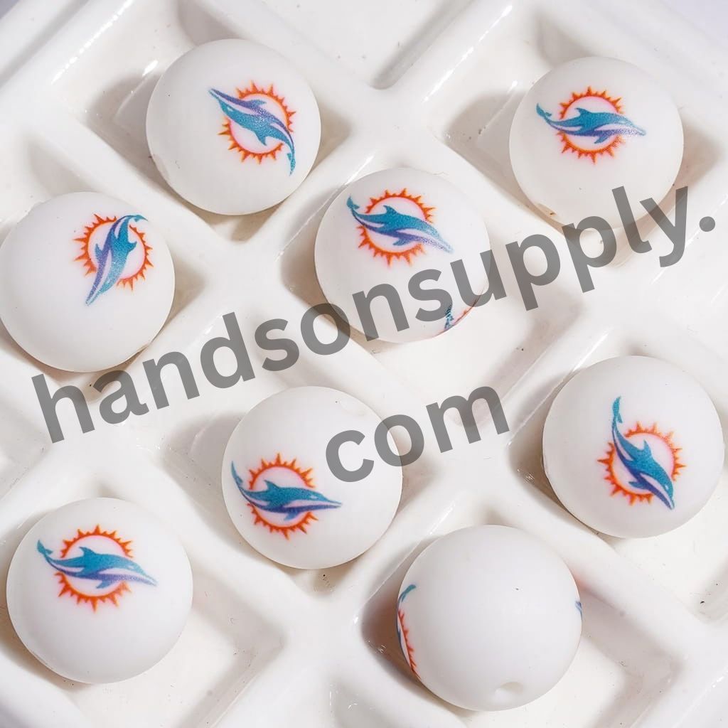 Miami American Football Team Sporty Dolphin Pattern Printed Round Silicone Beads for DIY Bracelets & Necklaces, 15MM