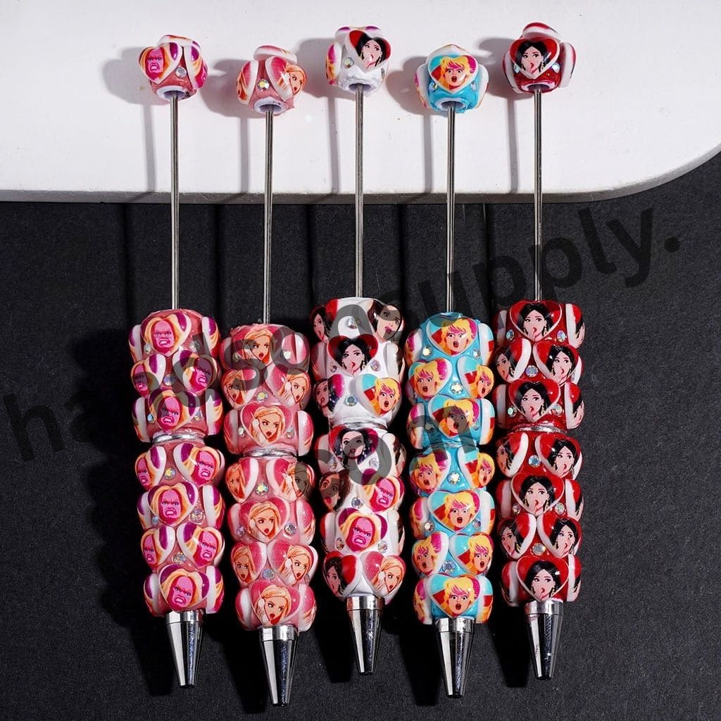 Charming Fashion Doll with Heart & Surprised Expression, Sparkling AB Rhinestone Design Beadable Clay Pen