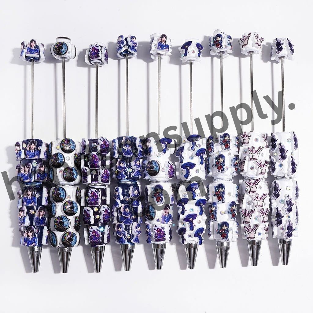 Spooky Iconic Horror Comedy Character American Transnatural Designs, Blue Series with Sparkling AB Rhinestones Beadable Clay Pens, Random Mix