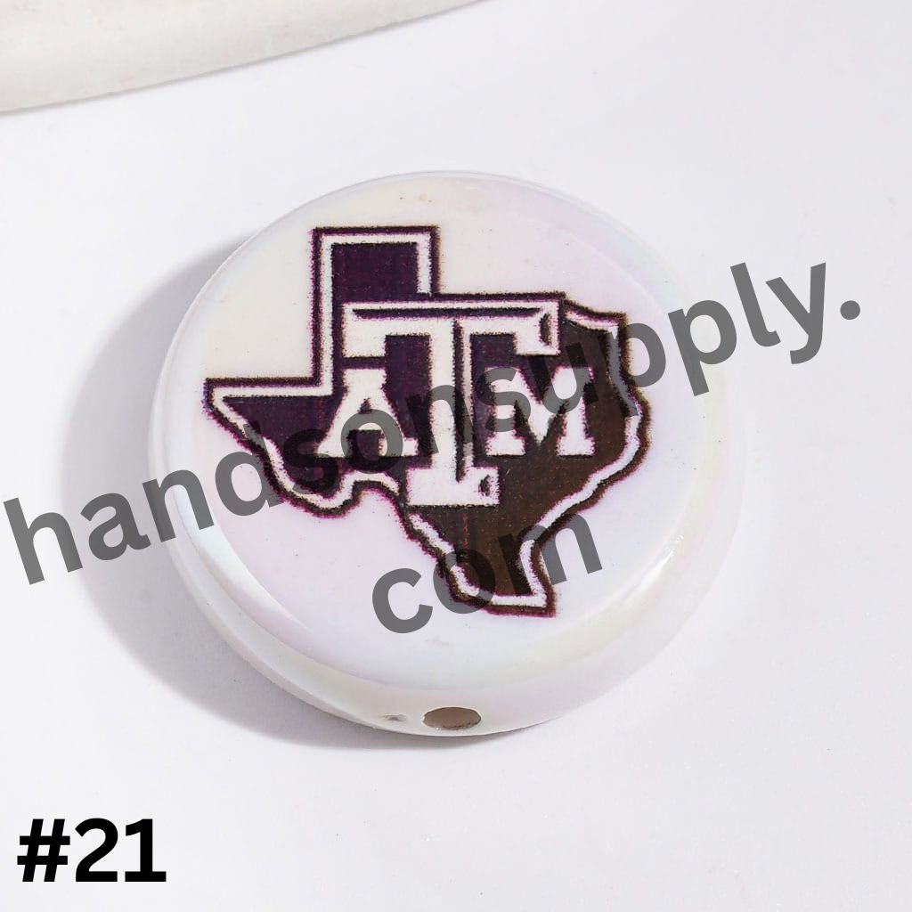 UV-Coated American College Sports Football Team Logo Series Flat Round Acrylic Beads, 23MM
