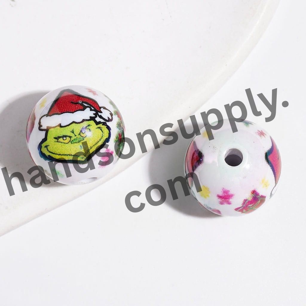 UV-Coated Christmas Green Character Portrait with Gift Box & Ball Tree Printed Round Acrylic Beads for Bracelets, 16MM
