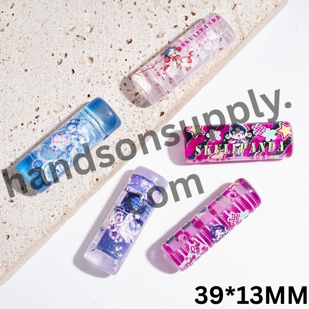 Adorable Little Baby Girl Cartoon Character Print Oval Cylinder Shape Clear Acrylic Beads, Two Holes, 39*13MM, Random Mix