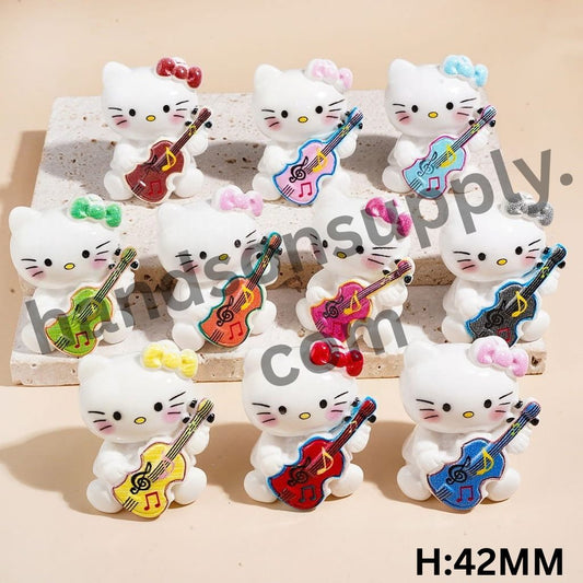 Adorable Guitar-Playing Cat Character Acrylic Figurine for Beads & Pen Toppers, Height 42MM, Multi-Color