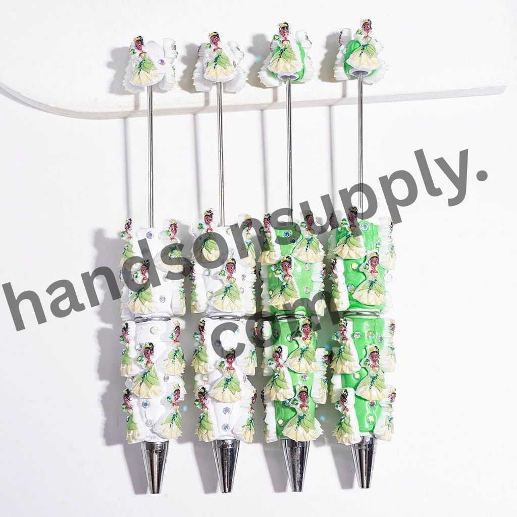 Classic Royal Princess in Green & Yellow Formal Dress Holding Frog Beadable Clay Pen, White & Green Pen Base