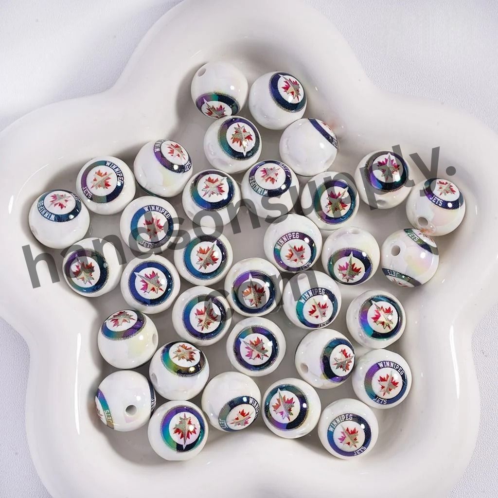 Round with UV Coating Ice Hockey Team Pattern Acrylic Beads for Bracelets, 16MM