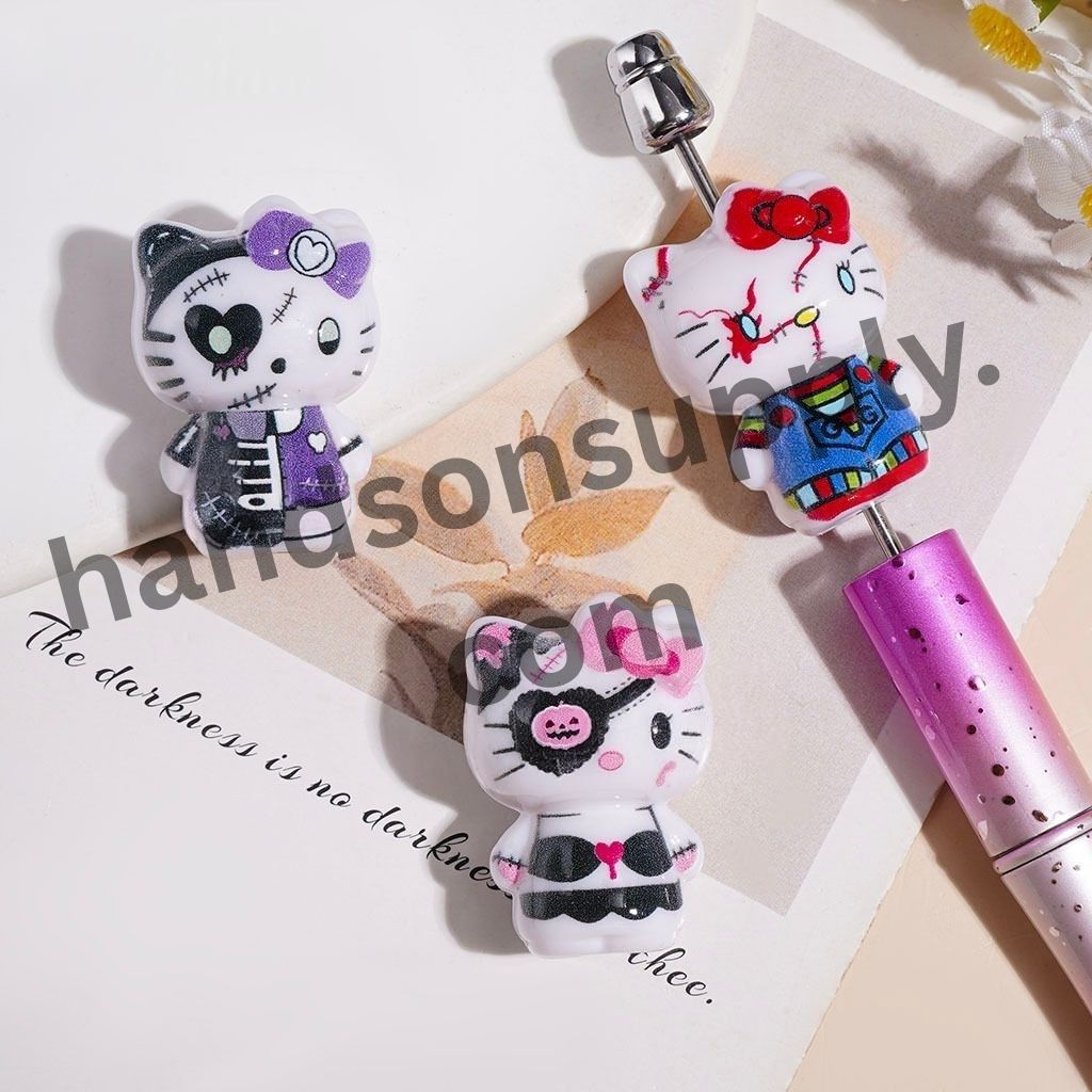Eerie Cat Character with Spooky Designs Halloween Theme Acrylic Beads, Height 32MM Random Mix