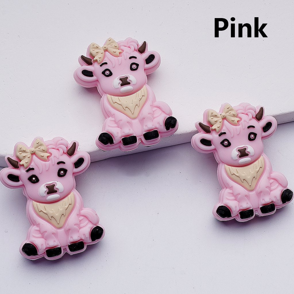 Highland Cow Silicone Focal Beads Cute Design with Bowknots & Farm Animal Theme