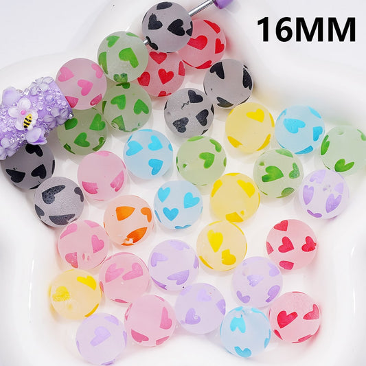 Multi-Color Heart Printed Frosted Acrylic Beads, 16MM Round Single Color Option Requires 200pcs Full Bag
