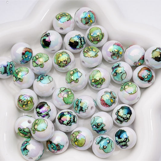 UV Coating Halloween Horror Blue Zombie Round Acrylic Beads, 16MM, Random Mix