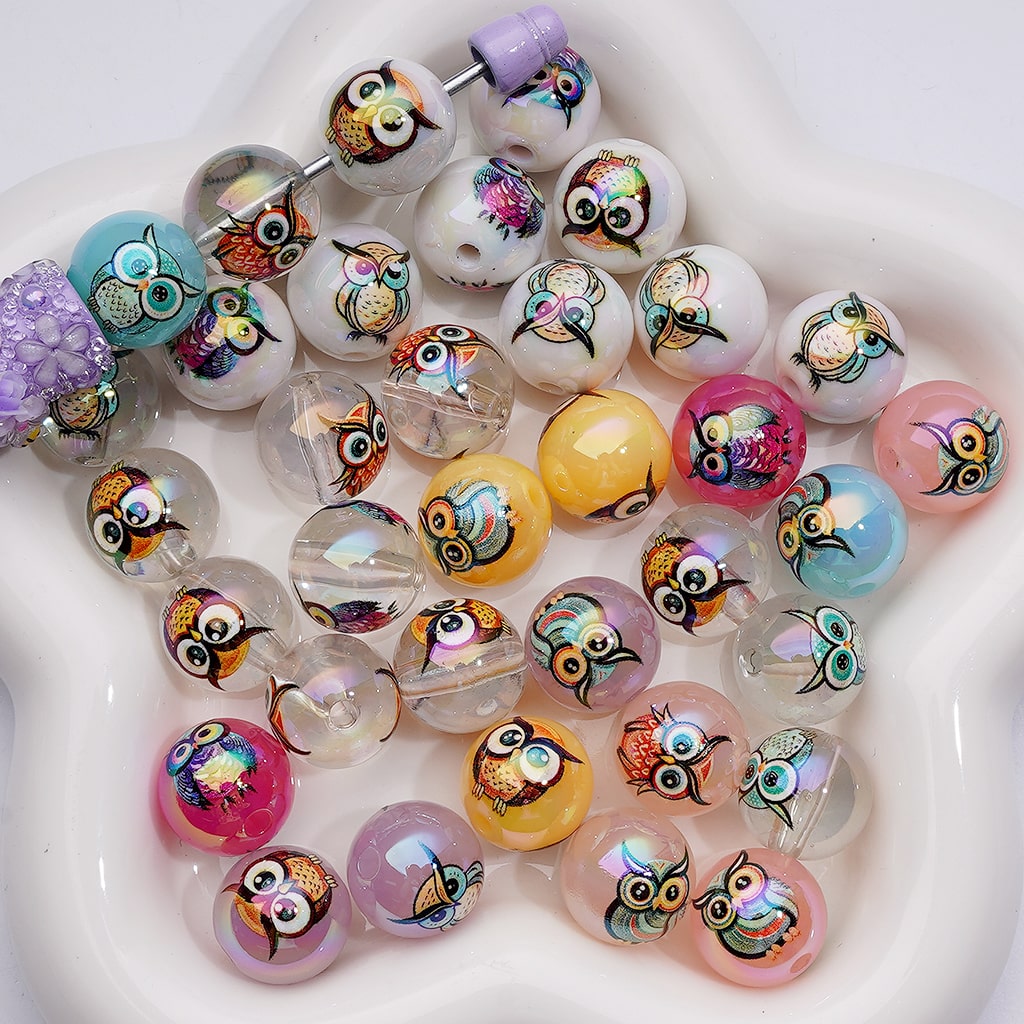 UV Coating Clear Jelly Cute Multi-Color Owl White Round Acrylic Beads 16MM