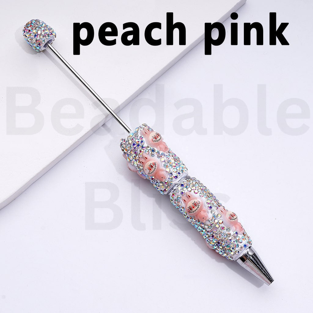White Color Beadable Clay Pens with Cute Monster Doll AB Rhinestones Covered the Entire Pen