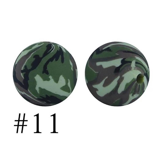 Green Camouflage Pattern Printed Camo Silicone Beads, Size 15mm