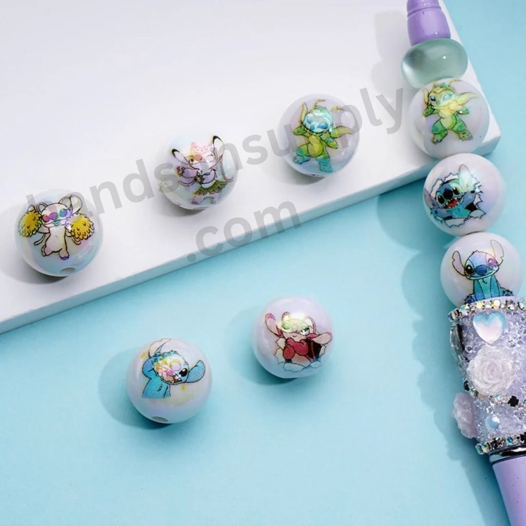 UV Coating Cute Monster Classic Animation Cartoon Family Printed White Round Acrylic Beads, 16MM, Random Mix