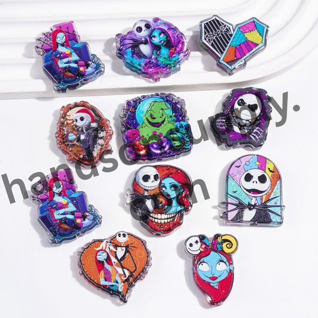 Spooky Skull Skeleton Couple Character Halloween Theme Semi-Clear Acrylic Beads, Random Mix