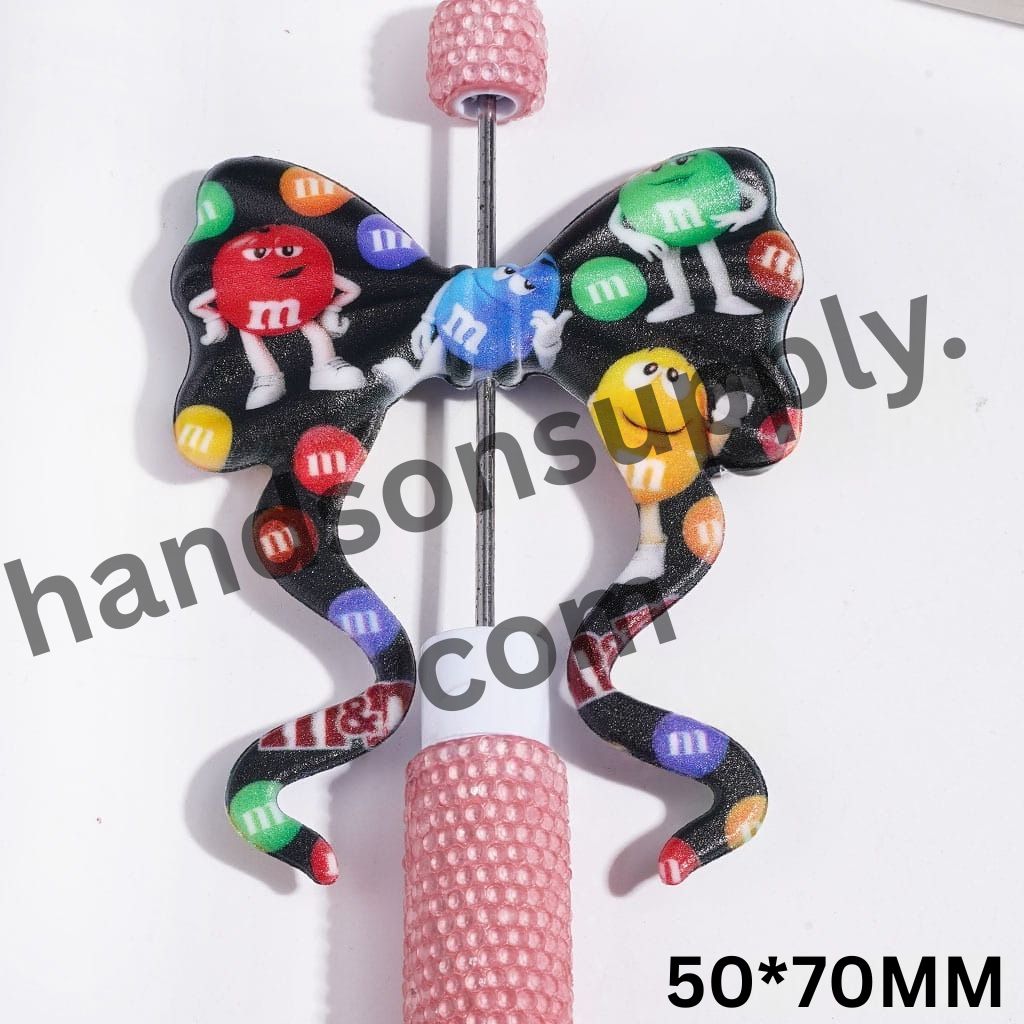 Colorful Candy Chip Prints Black-Background Long Ribbon Bowknot PVC Soft Rubber Beads, 59*70MM