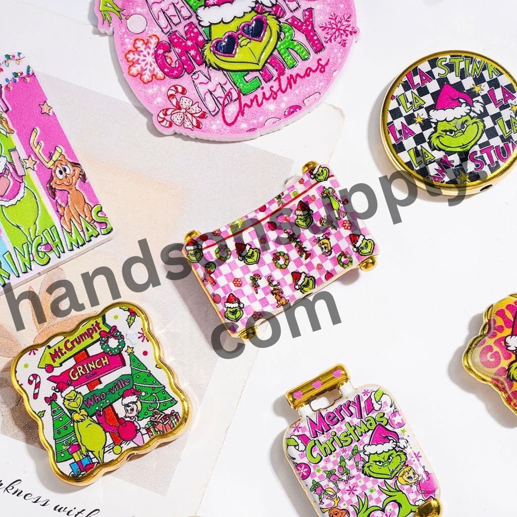 Playful Green Character Series with Vibrant Pink Checker Design Gold-Border Acrylic Beads & Pendants, Random Mix