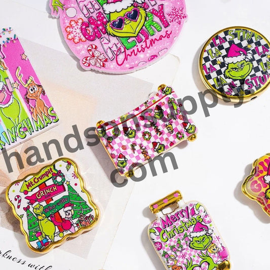 Playful Green Character Series with Vibrant Pink Checker Design Gold-Border Acrylic Beads & Pendants, Random Mix