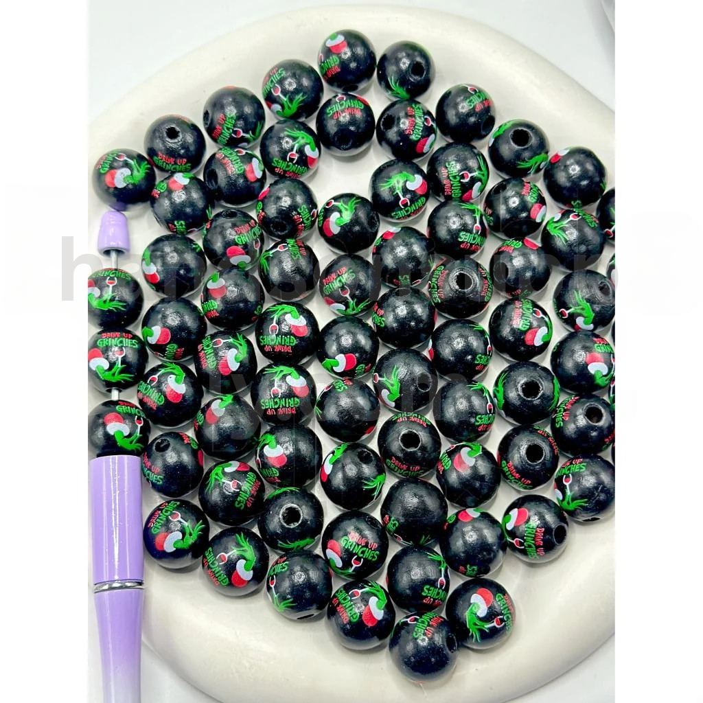 Green Monster Character Christmas Design 16MM Round Beads Wooden Beads