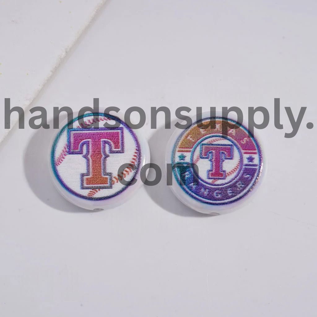 UV Coating with Sports American Baseball Series Acrylic Beads, Around 24MM, Flat Round Shape
