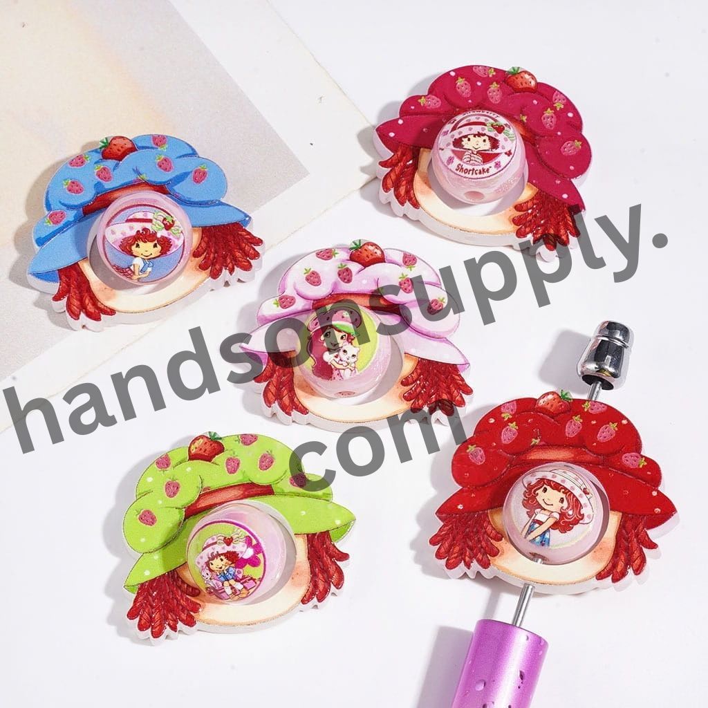 Adorable Strawberry Girl Characters Series Printed Hollowed Avatar & Round Acrylic Beads Collection Multi-Color Random Mix (Please Read the Description)