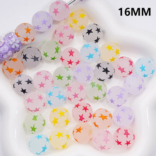 Multi-Color Star Printed Frosted Round Acrylic Beads, 16MM – Bulk 200pcs Required for Single Color Option