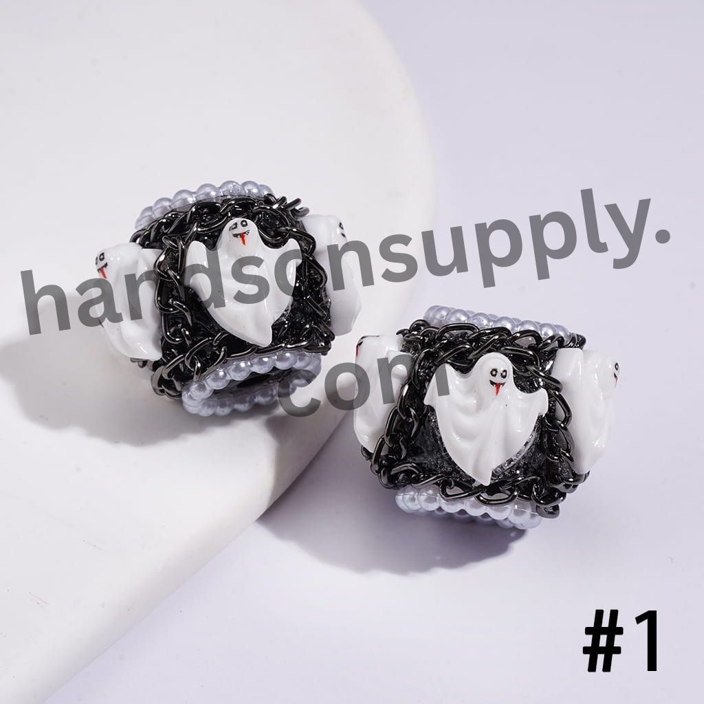 Horror Character with Black Tassel Chains White Pearls & AB Rhinestones Handmade Acrylic Beads