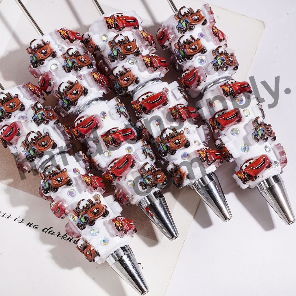 Cute Sports Car Characters with Sparkling AB Rhinestones on White Background Beadable Clay Pens