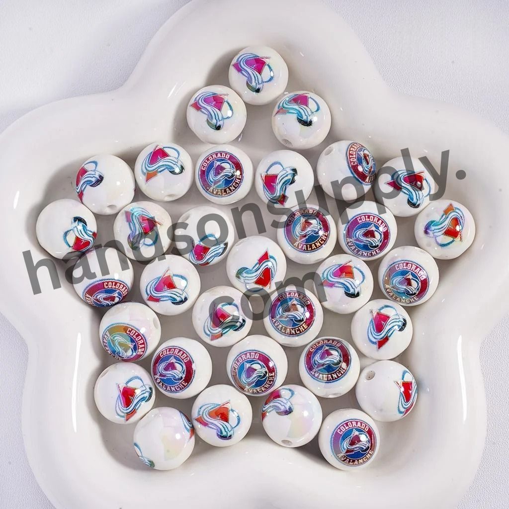 Round with UV Coating Ice Hockey Team Pattern Acrylic Beads for Bracelets, 16MM