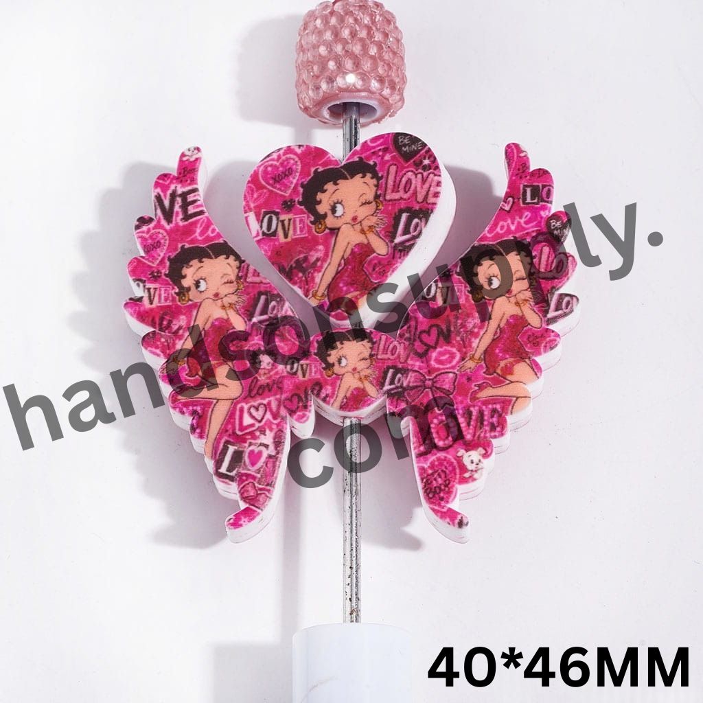 Fashion Doll Girl Characters, Rose Pink "LOVE", Heart and Wing Designs Printed Silicone Focal Beads Collection Set, 40*46MM