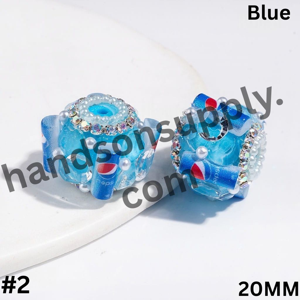 UV-Coated Famous Soft Drink Can Design with Large Cone-Shaped Rhinestones, AB Rhinestones & White Pearl Chains Handmade Acrylic Sugar Beads, 20MM, Multicolor