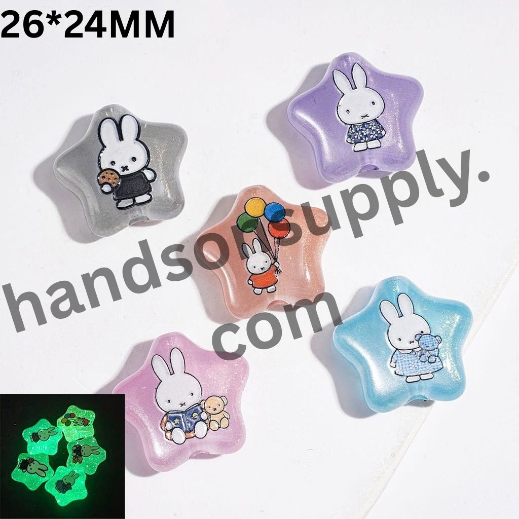 Iconic White Bunny Character Printed with Cat-Eye Luminous Style & Gold Glitter Star Shape Acrylic Beads, 26*24MM, Multicolor, Random Mix