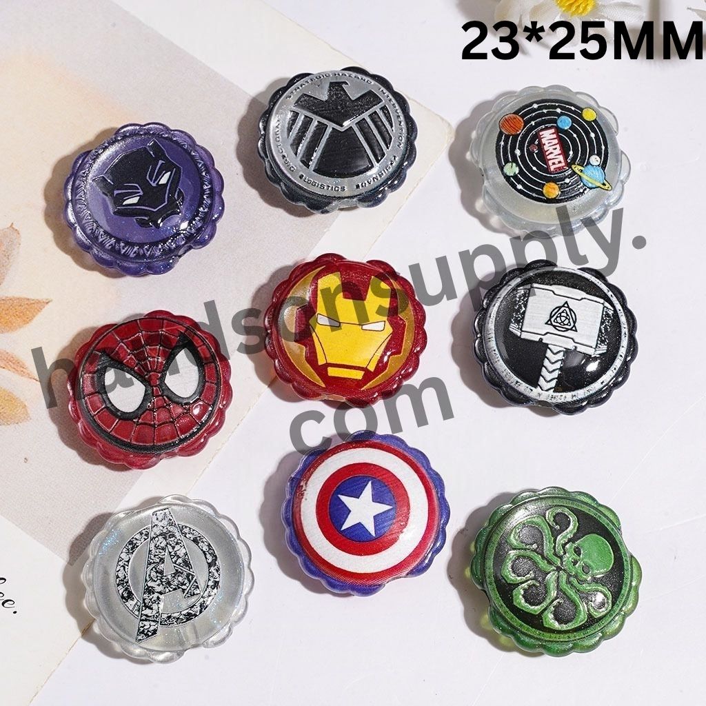 Bold & Strong Superhero Character Badge Print Wavy Edge Flower Shape Acrylic Beads, 23*25MM, Multi-Color Random Mix