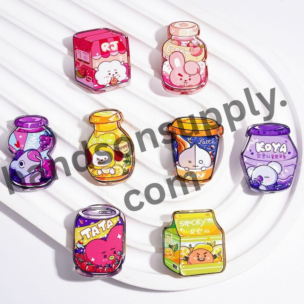 Adorable Korean Boy Group Beverage-Themed Designs Semi-Clear Acrylic Beads, Random Mix