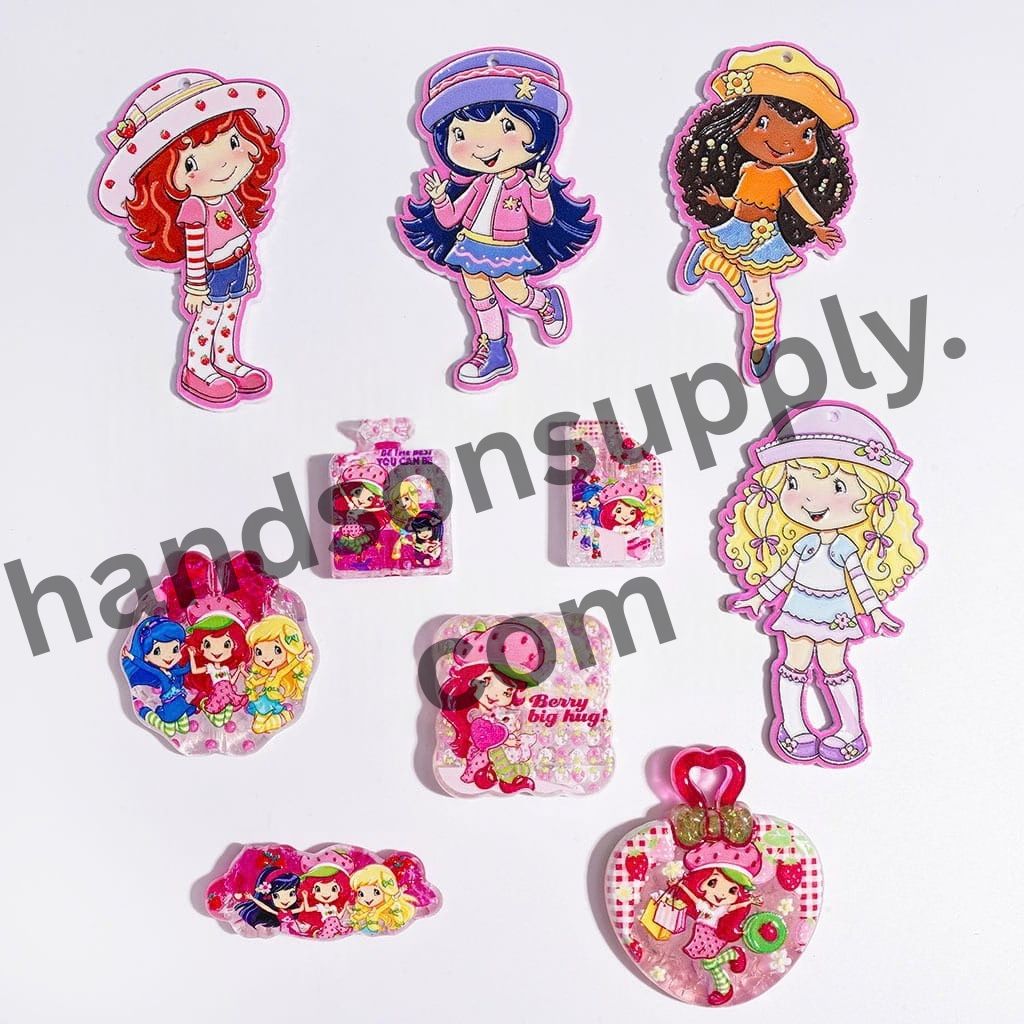 Sweet Berry Girl Character in Different Outfits Pink Series Crackle Acrylic Beads for Pendants, Random Mix
