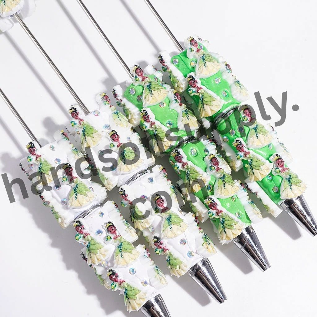 Classic Royal Princess in Green & Yellow Formal Dress Holding Frog Beadable Clay Pen, White & Green Pen Base