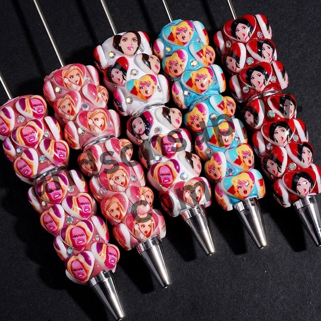 Charming Fashion Doll with Heart & Surprised Expression, Sparkling AB Rhinestone Design Beadable Clay Pen