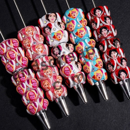 Charming Fashion Doll with Heart & Surprised Expression, Sparkling AB Rhinestone Design Beadable Clay Pen