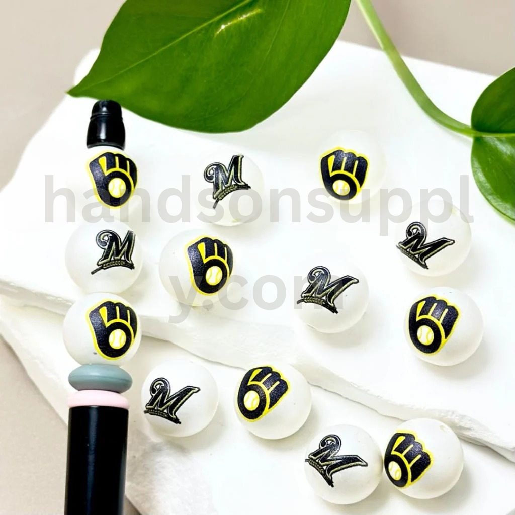 Milwaukee Brewers Baseball Theme 16MM Frosted White Round Acrylic Beads Random Mix