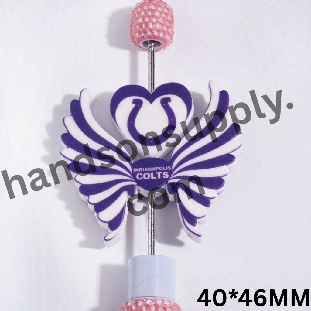 Indy American Football Team Logo Printed Heart and Wing-Shaped Silicone Focal Beads Set, 40*46MM
