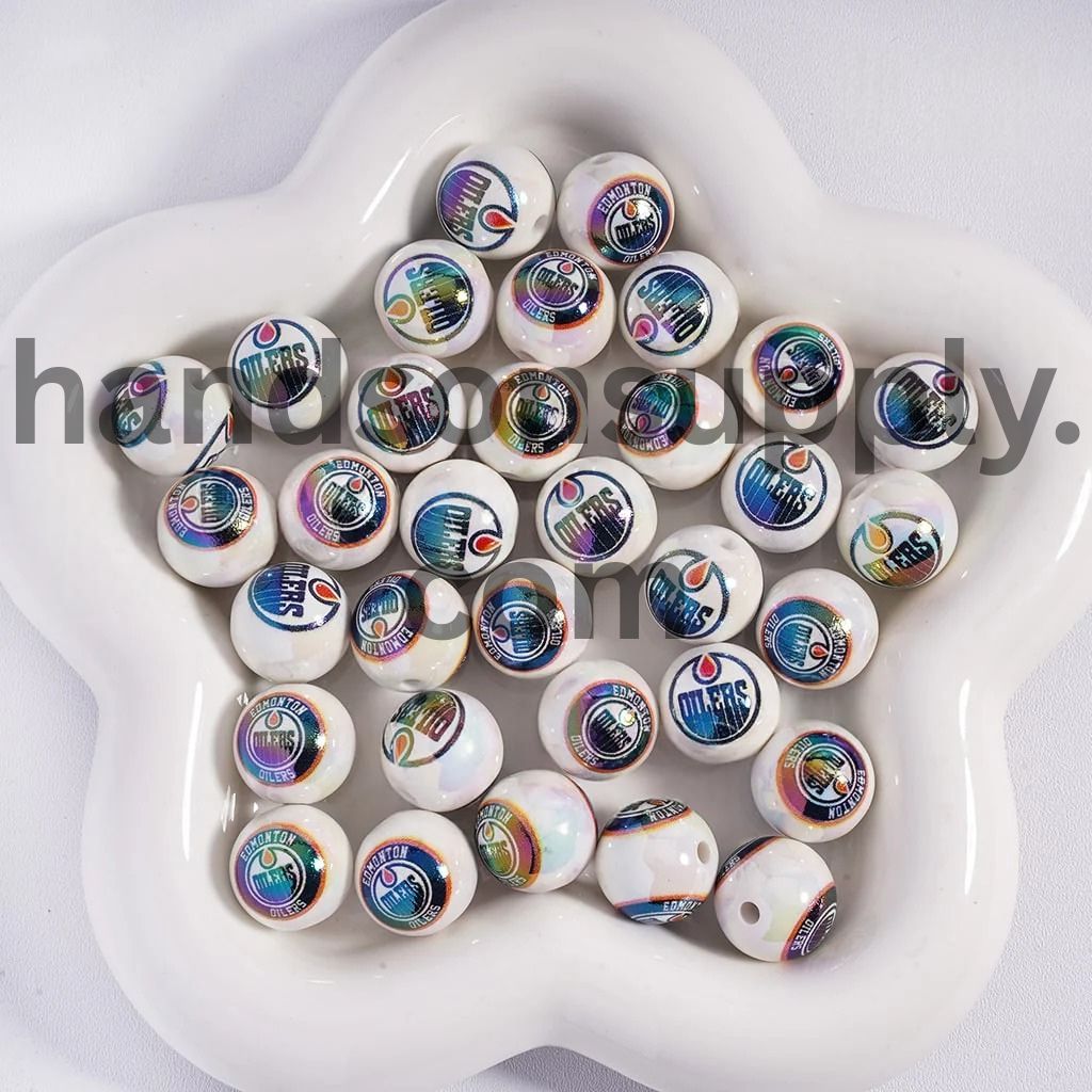 Round UV Coating Ice Hockey Team Pattern Acrylic Beads for Bracelets, 16MM