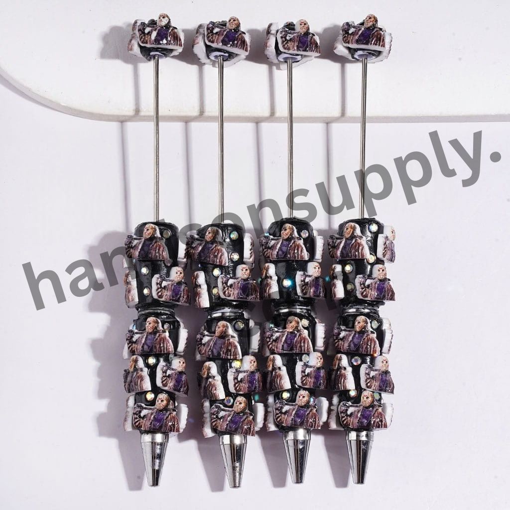 Spooky Hockey Mask Killer Character with Tool & Sparkling AB Rhinestones, Horror-Themed Beadable Clay Pens