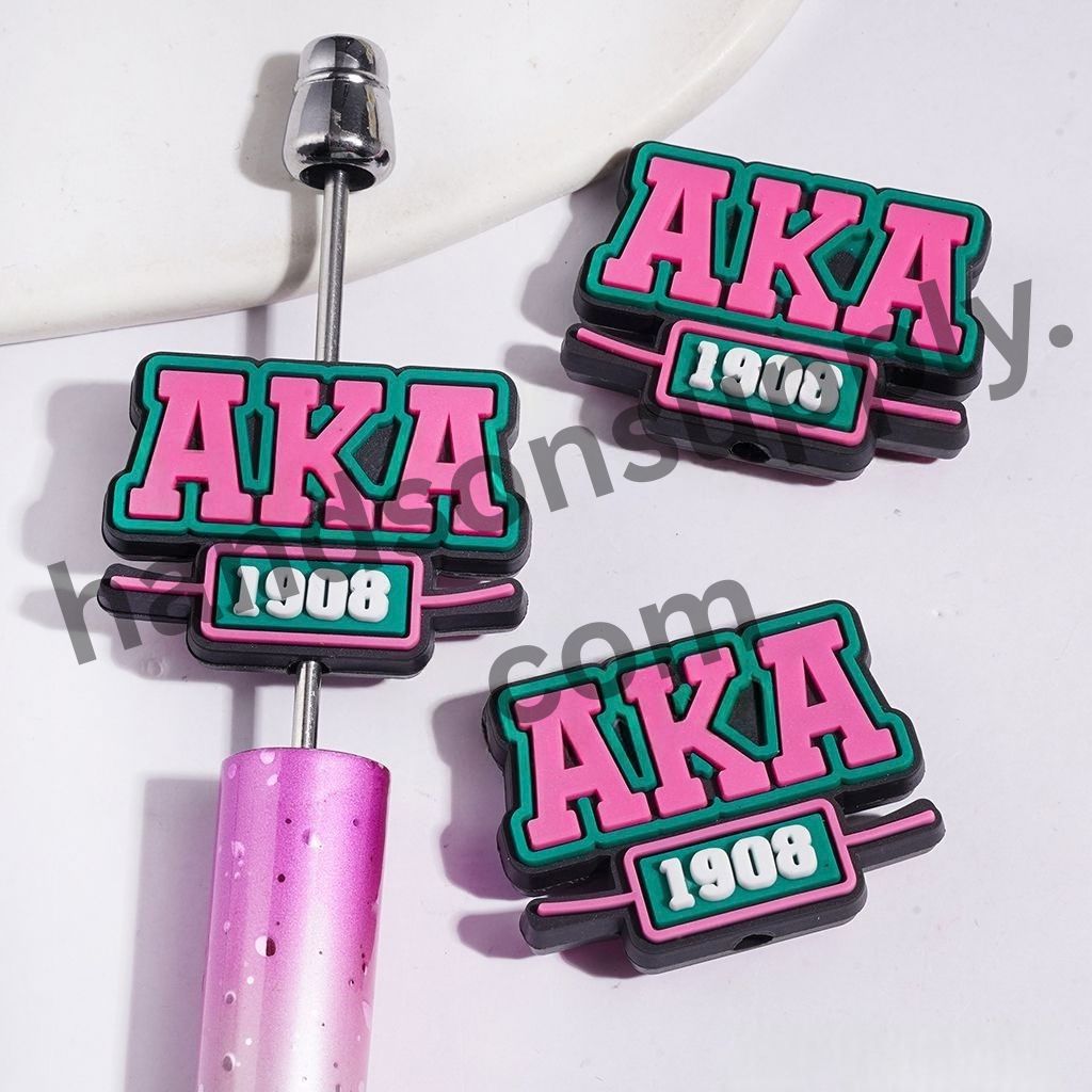 Historically Black Sorority Text "Pink Green Letter 1908" on Black Background Silicone Focal Beads, 22*30MM