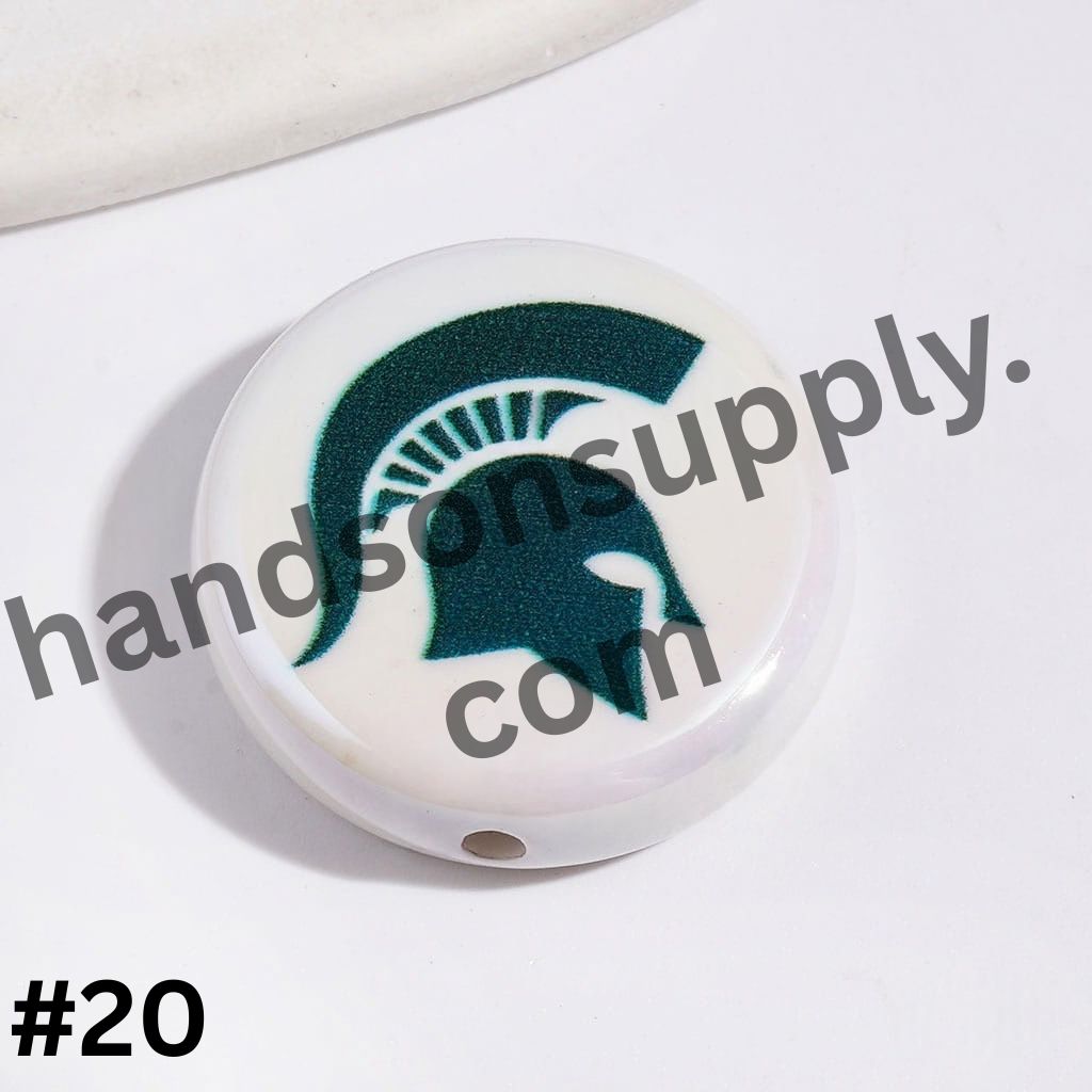 UV-Coated American College Sports Football Team Logo Series Flat Round Acrylic Beads, 23MM