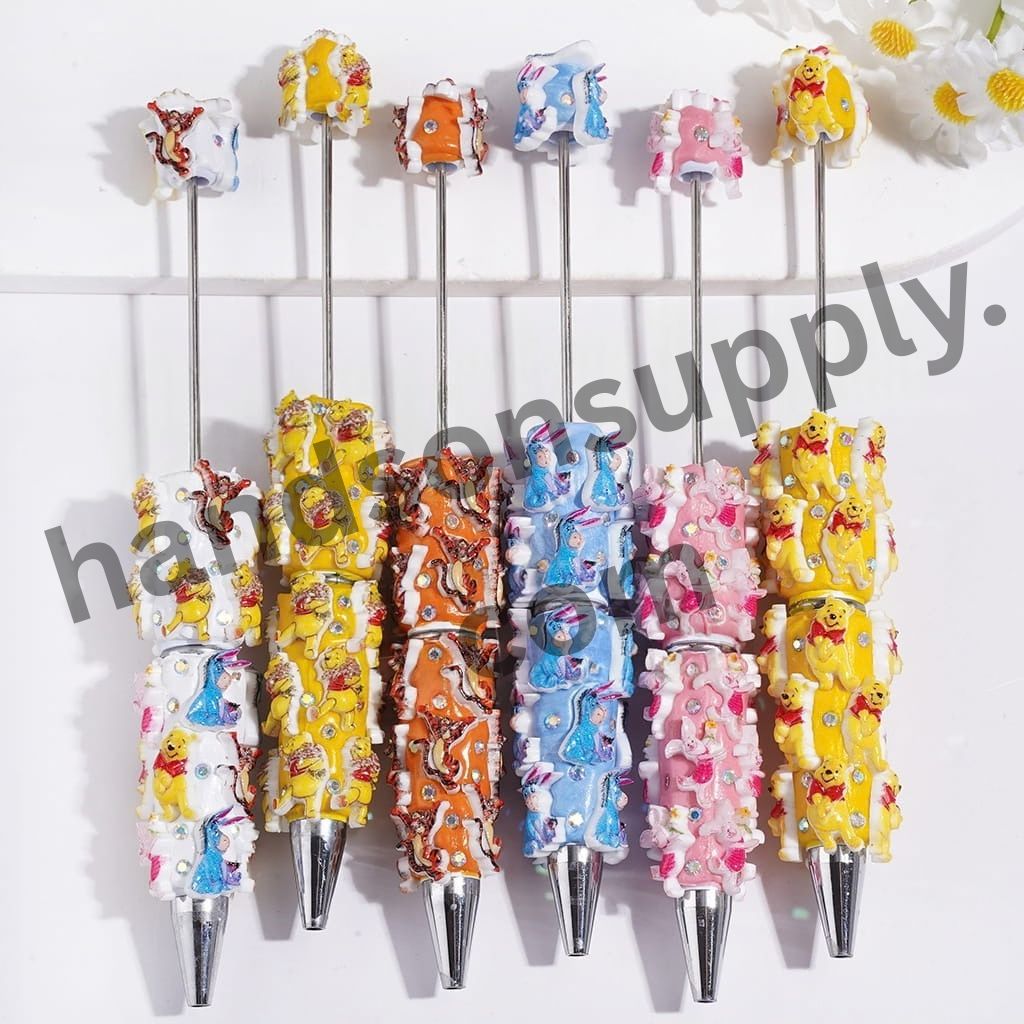 Playful Animal Character Series Donkey, Tiger, Bear & Pig with Sparkling AB Rhinestones Beadable Clay Pens, Multi-Color