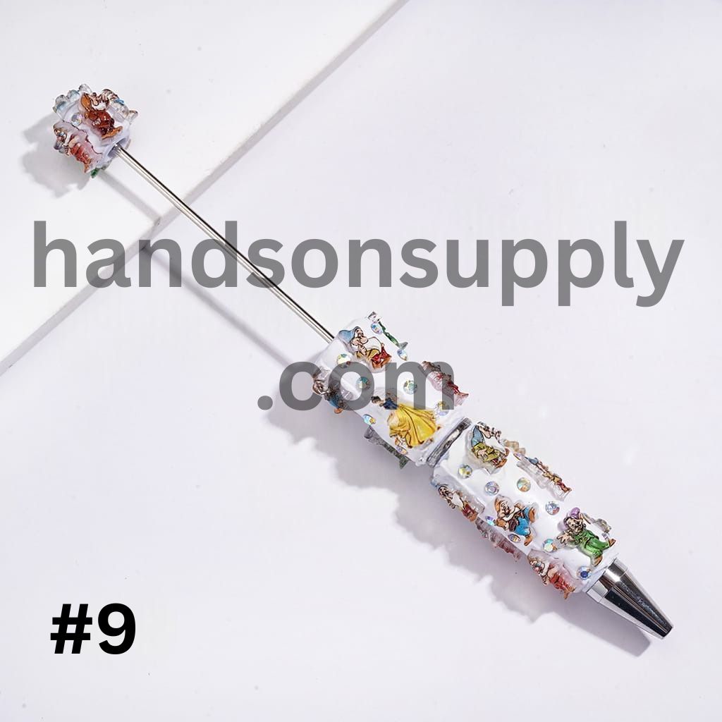 Beadable Clay Pens with White Snow Princess and Seven Gnome Elf Character, AB Rhinestones